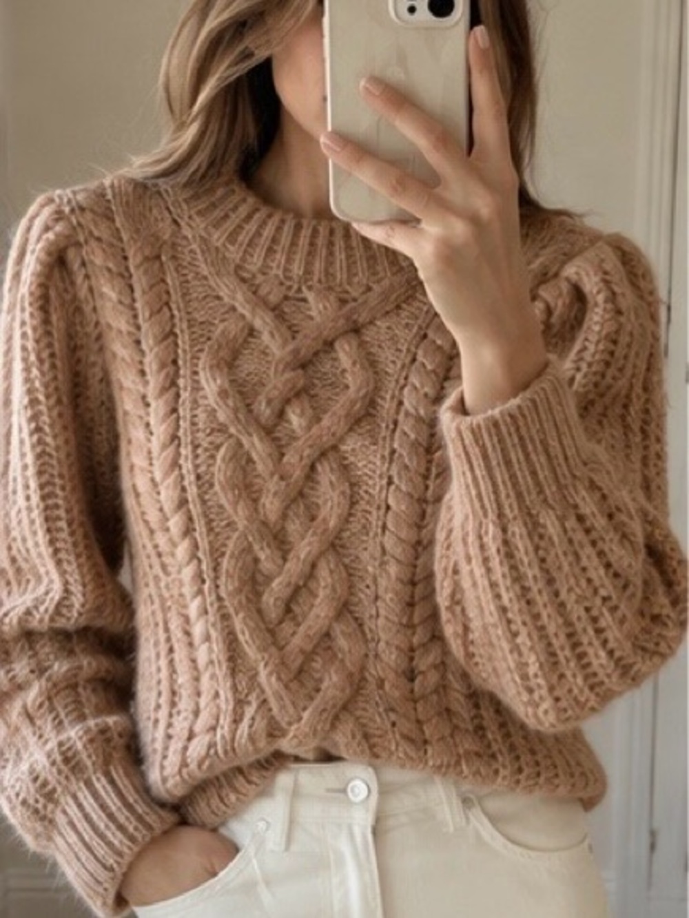 Women’s Cable Knit Crewneck Sweater - Beige